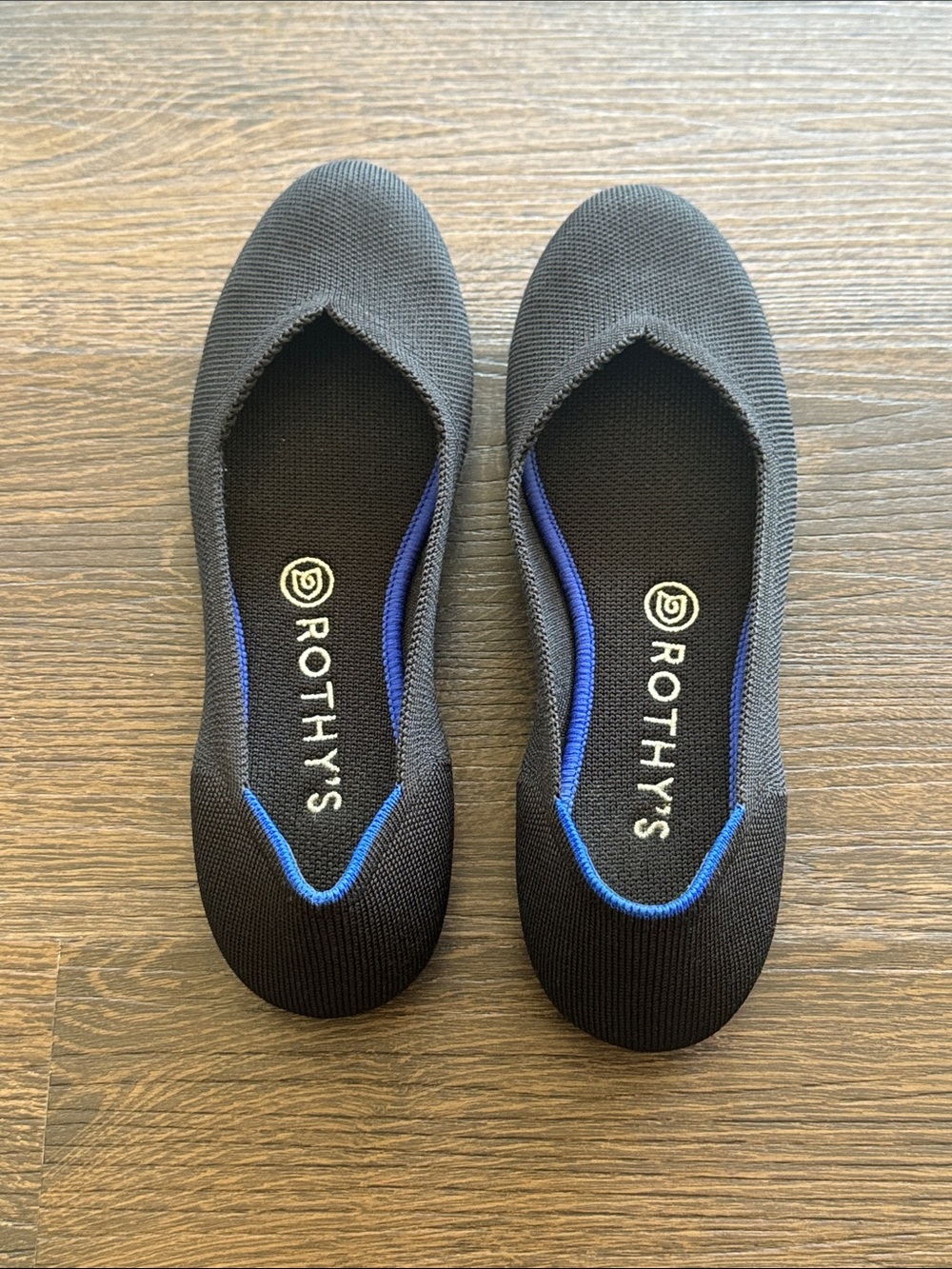 Rothy's Black Knit Ballet Flats with Royal Blue Insole Accent